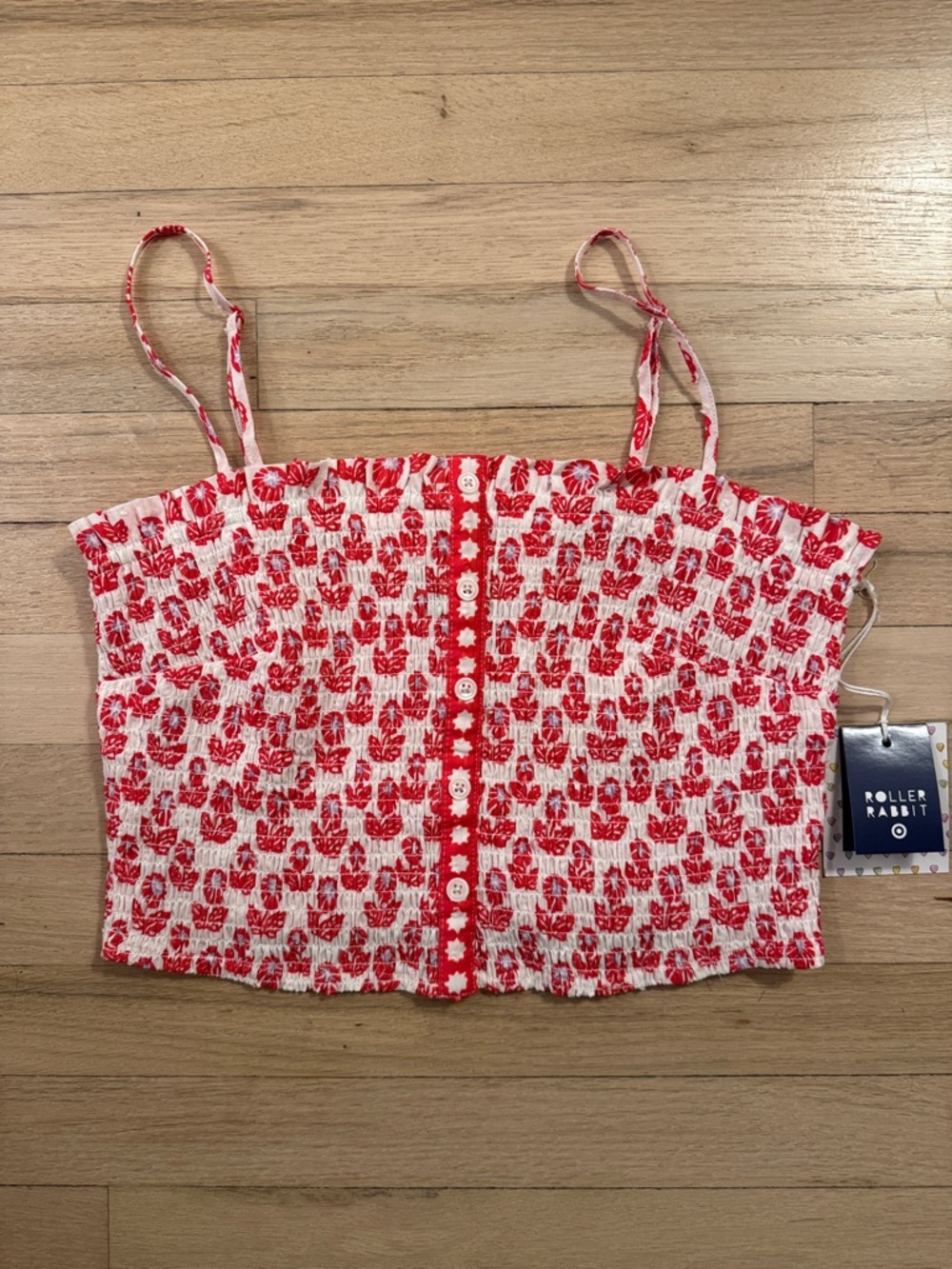 NWT Roller Rabbit Red/White Floral Smocked Button-Front Camisole Top, M